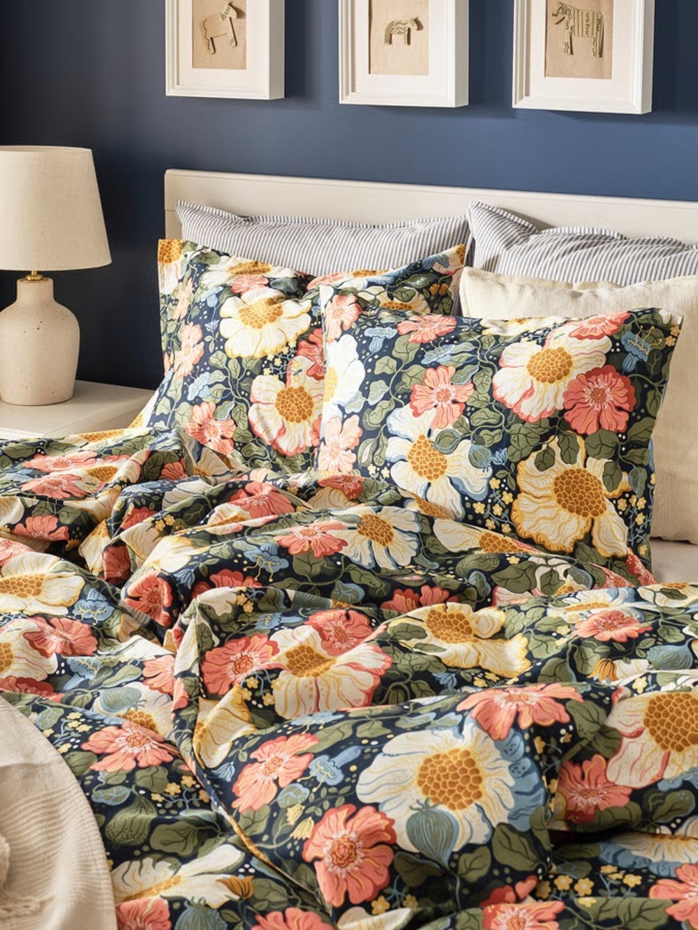 Floral Duvet Cover in Navy with Coral and Cream Blooms